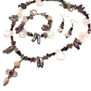 Handmade Jewelry Set by Surdigirl ~ Rhodochrosite,  Kunzite Crystal & Garnet